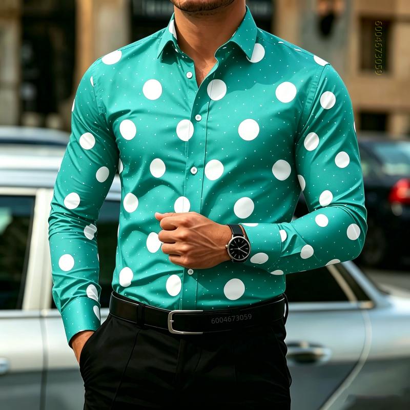 Camicia da Uomo a Pois Manica Lunga, Camicia Business Casual Slim Fit, Top da Uomo Tendenza Moda Casual da Esterno