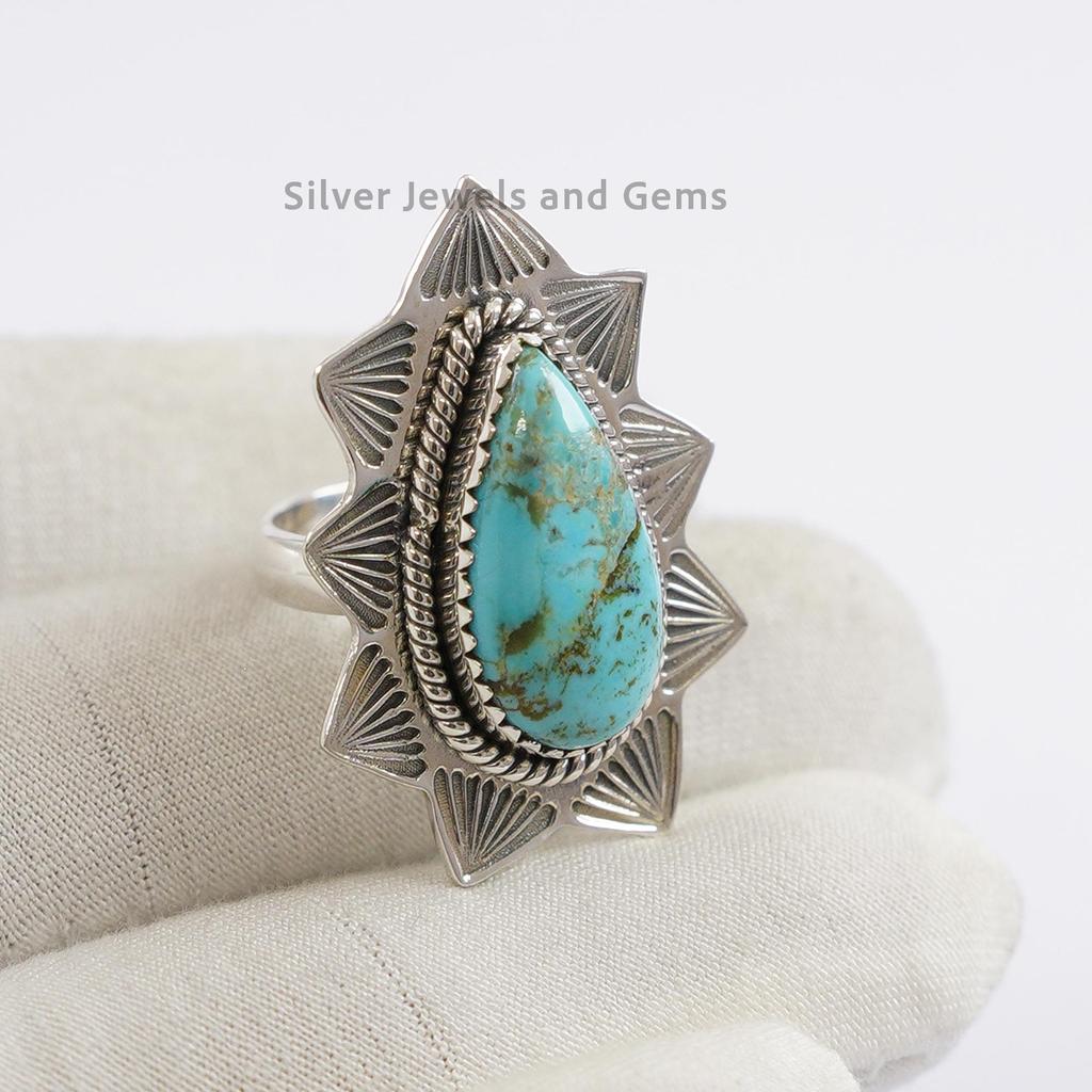 Kingman Türkis Ring, Indianisches Design Ring, 925 Sterling Silber Ring, Tropfen Boho Ring, Geschenk für Sie, Handgefertigter Geburtsstein Ring