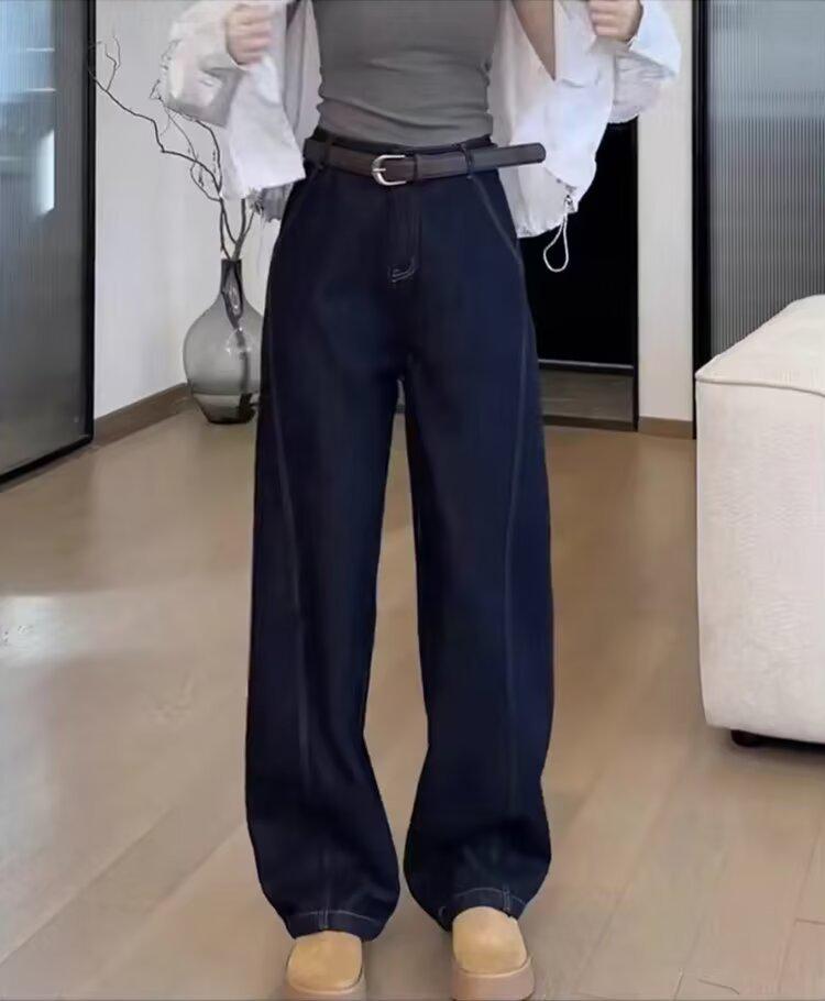 

Женские зимние джинсы 2025 года синего цвета с флисовой подкладкой, с высокой посадкой и широкими штанинами – стройнящие, стильные и длиной до пола Small темно-синий