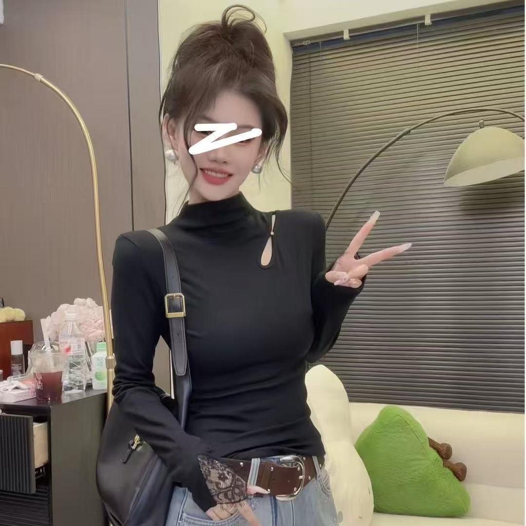 Korean Semi-High Neck Lace Long Sleeve Women's Top - 2025 Autumn/Winter Slimming Brushed Design
