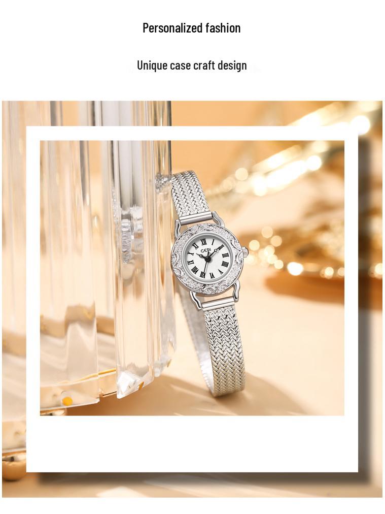 Gedi Retro Geprägte Goldene Uhr mit Weizenähren-Armband - Elegante Damen-Quarzuhr