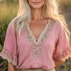 Women Shirt Embroidery Flower Pattern V-neck Dropped Shoulder Short Sleeve Shirt Tops A-Line Loose Fit Soft Summer Tops