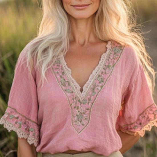 Women Shirt Embroidery Flower Pattern V-neck Dropped Shoulder Short Sleeve Shirt Tops A-Line Loose Fit Soft Summer Tops