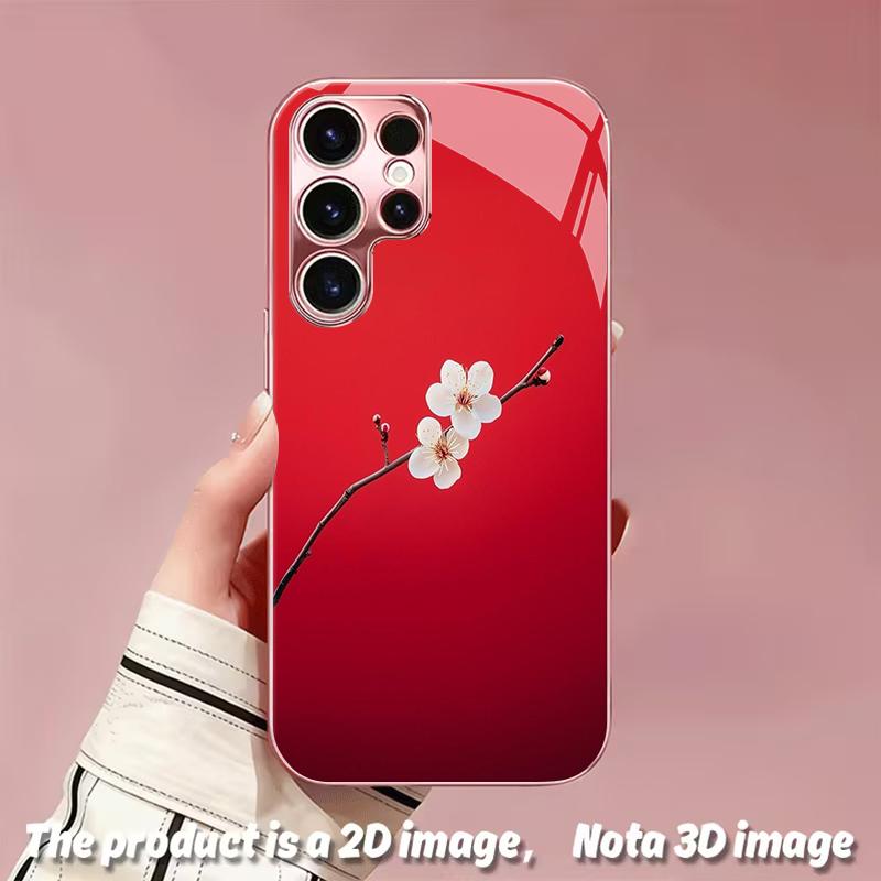 2DFlat Samsung electroplated tempered glass phone case,White Flower on Red Background Phone CaseSuitable for Galaxy S26 S23 S24FE S25ULTRA S22 S21