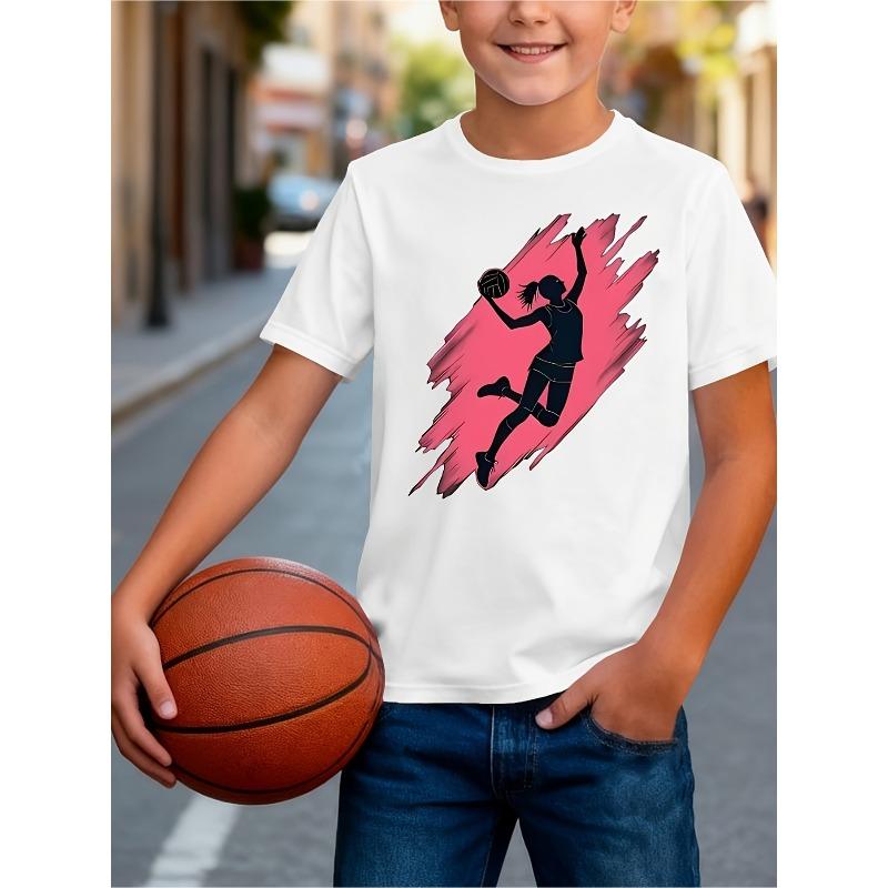 European sizes Boys' Basketball-Themed T-Shirt with Hoop Print & Numbered Jersey - Short Sleeve Round Neck Casual Top Suitable for Summer Wear