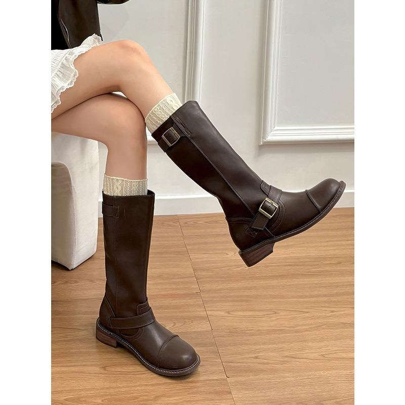 Cowhide Version~ Leather Thick-soled Belt Buckle Wide Tube Medium Tube Locomotive Boots Knight Boots Women's Martin Boots Long Boots