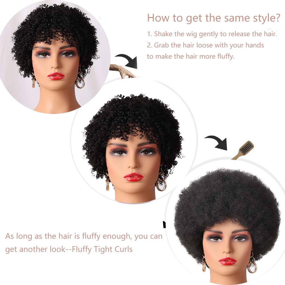 Wig Short Curly Wigs Synthetic Hair Wigs for Black Women, Short Curly Afro Wigs with Bangs Natural Curly Cosplay Party Daily Use