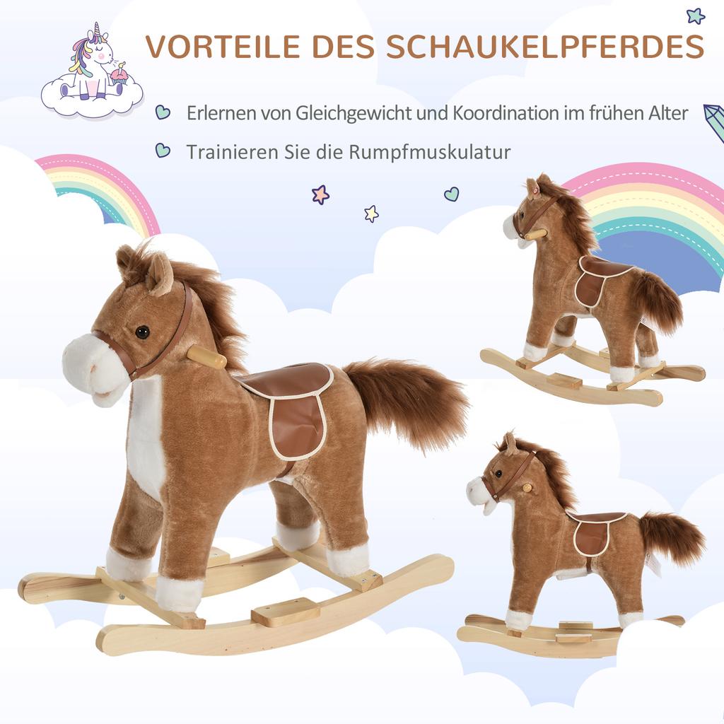 Children's Rocking Horse Baby Rocking Animal Horse with Animal Sounds Toy Handles for 36-72 Months Plush Brown 65 x 32.5 x 61 cm