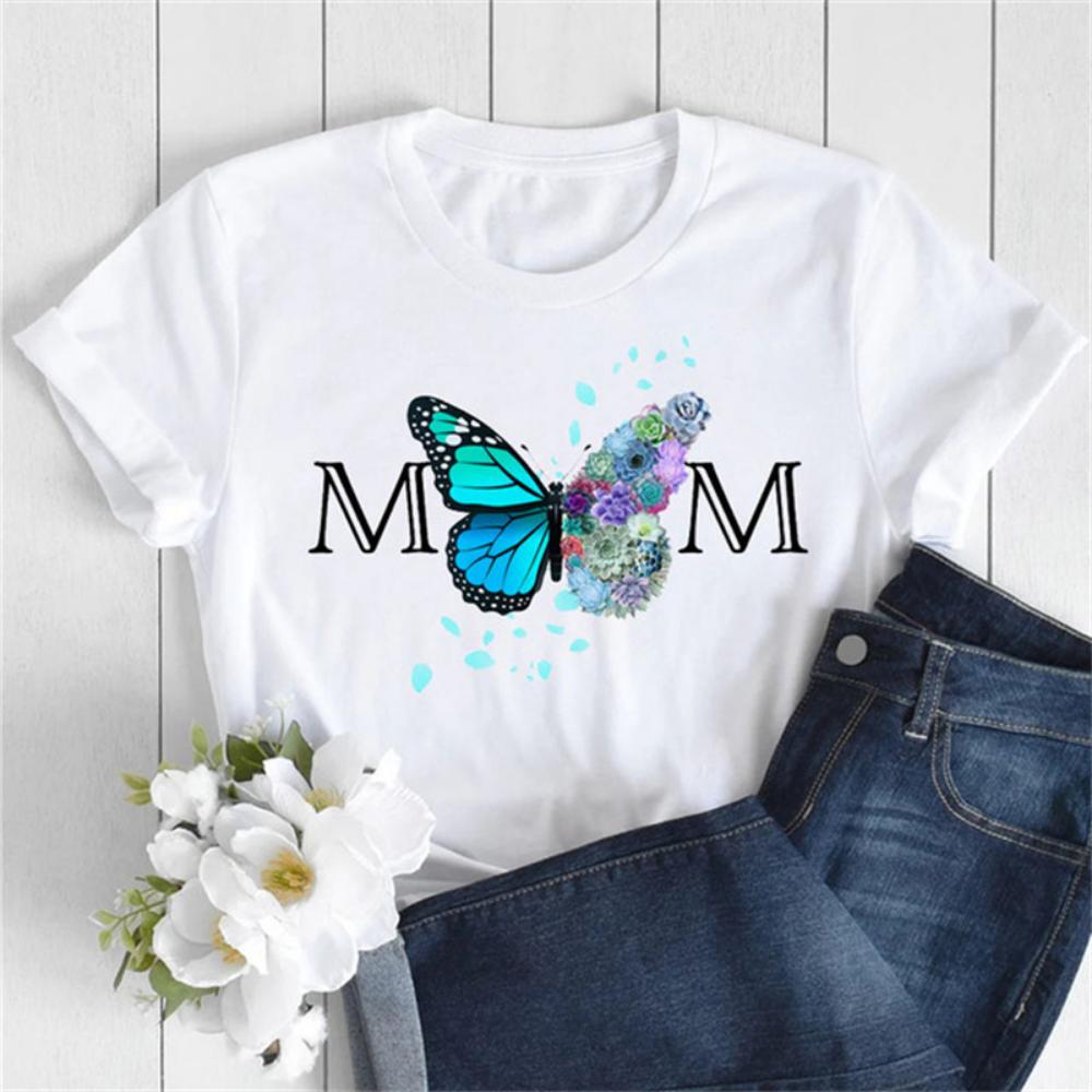 New Women T Shirt Fashion MOM Butterfly Floral Print Tshirt Casual Short Sleeve Tops Tee Women T-shirts 90s Lady Female T Shirt