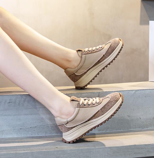 Fashion 4CM Spring Autumn Women Casual Sneakers Mixed Colors Genuine Leather Thick Bottom Lace-Up Lightweight Women Flat Shoes