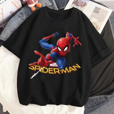 Letni T-shirt z nadrukiem kreskówkowym Wzór Spider-Mana T-shirt Damski Casualowy T-shirt z okrągłym dekoltem Harajuku Streetwear Top