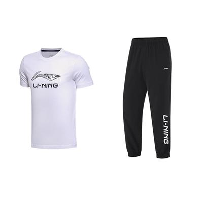 Li Ning Logo Print Round Neck Pullover Short Sleeve Elastic Letter Cool Dry Long Pants Casual Sports Set Unisex Sports Set YHST165-1+YYKU111-1