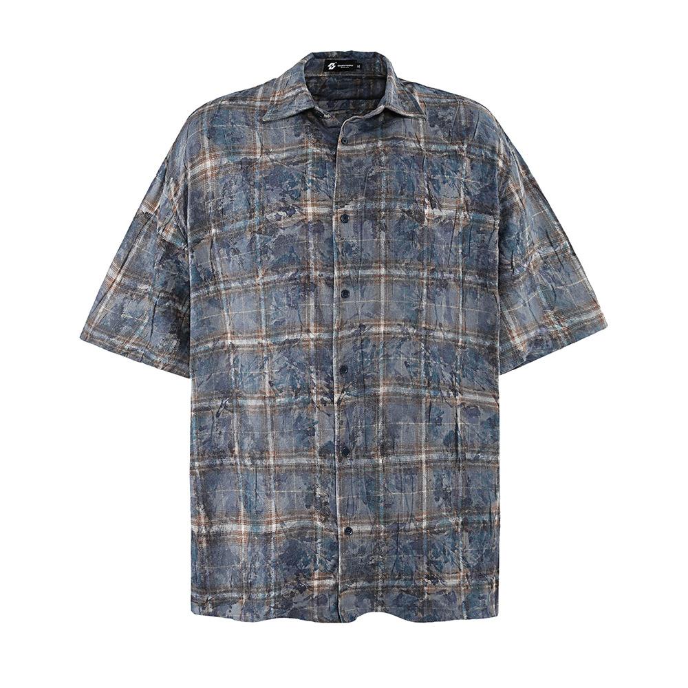 

Модная клетчатая рубашка с короткими рукавами для мужчин, нишевый дизайн в стиле High Street, свободная повседневная рубашка с короткими рукавами, окрашенная в галстук, на лето XL ультрамарин синий