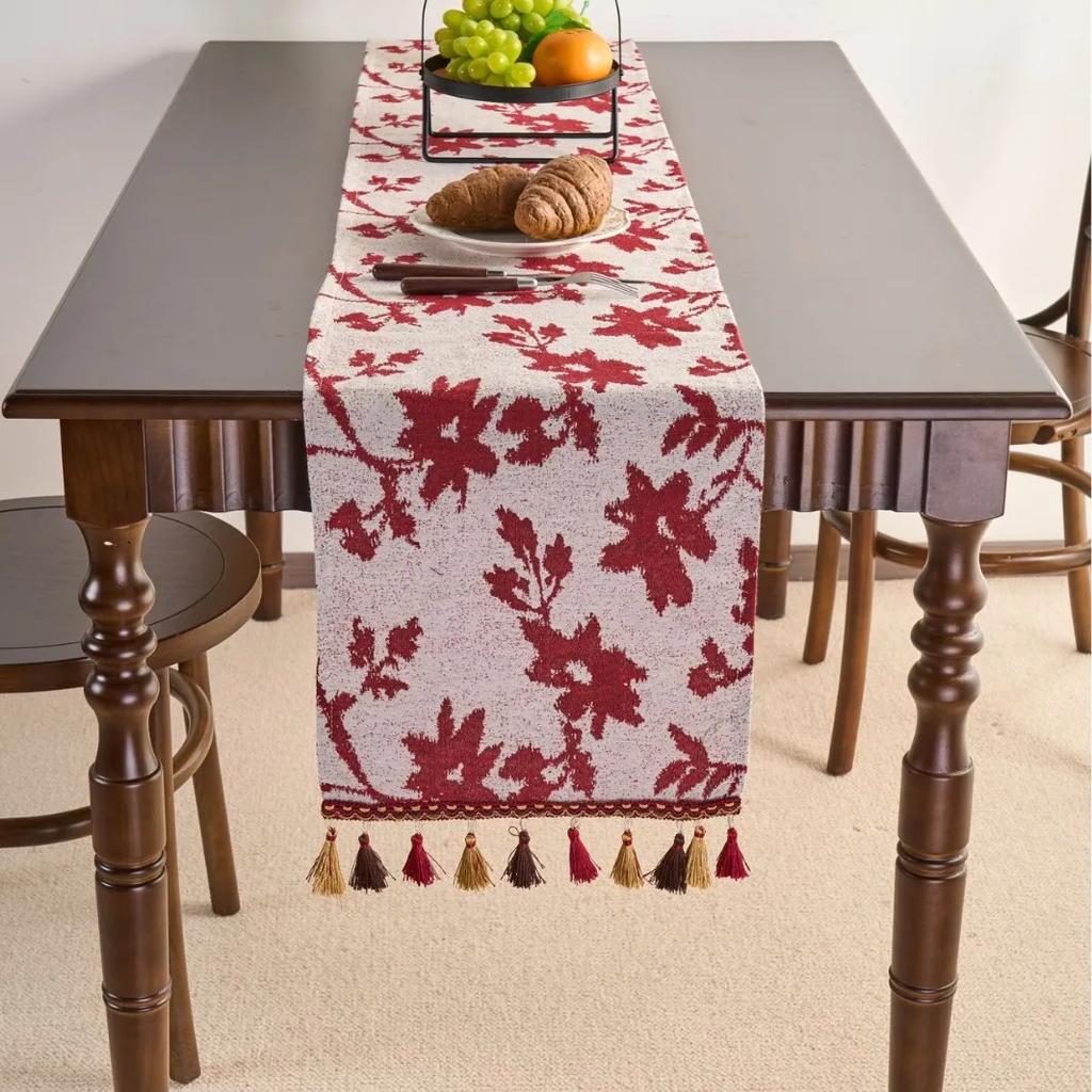 Chinese Style Vintage Tassel Table Runner Jacquard Living Room Bed Tail Coffee Dining Table Decoration Accessories Rustic Decor