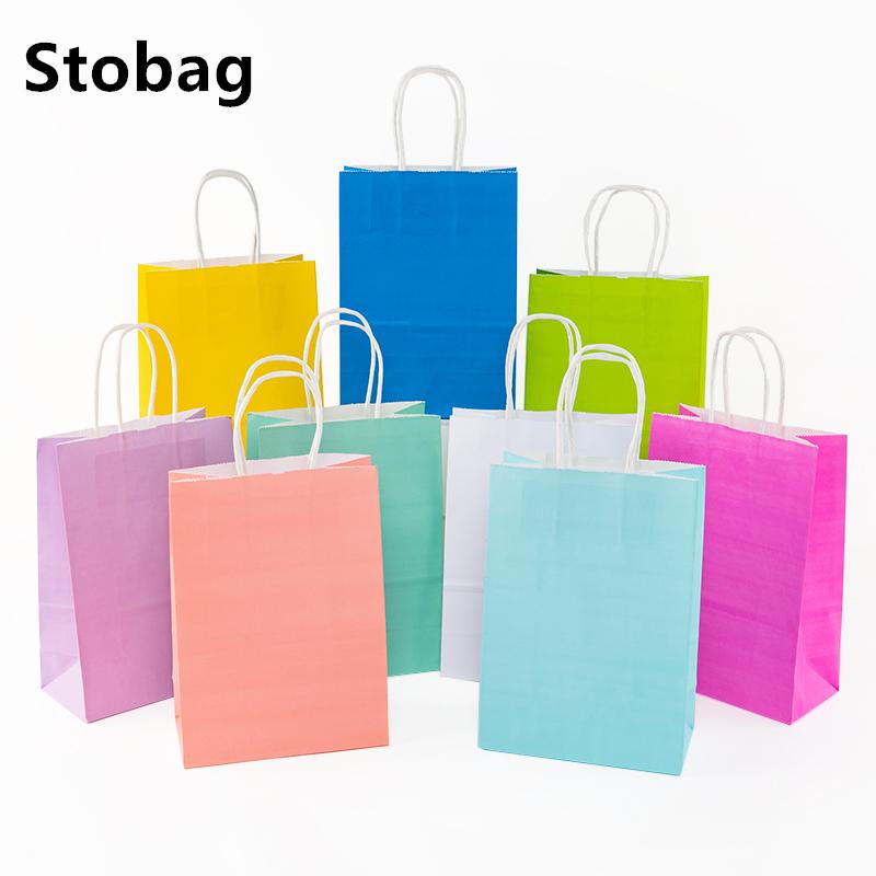 StoBag, Colorful Kraft Paper Gift Bag, Solid Color, for packing Goodies takeaway, birthday, wedding, Eco-Friendly, 12/30pcs