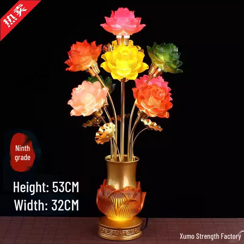 Seven-Color Lotus Lamp for Buddha Offering: Ever-Burning Guanyin Home Decor – Nine Horse Year Edition