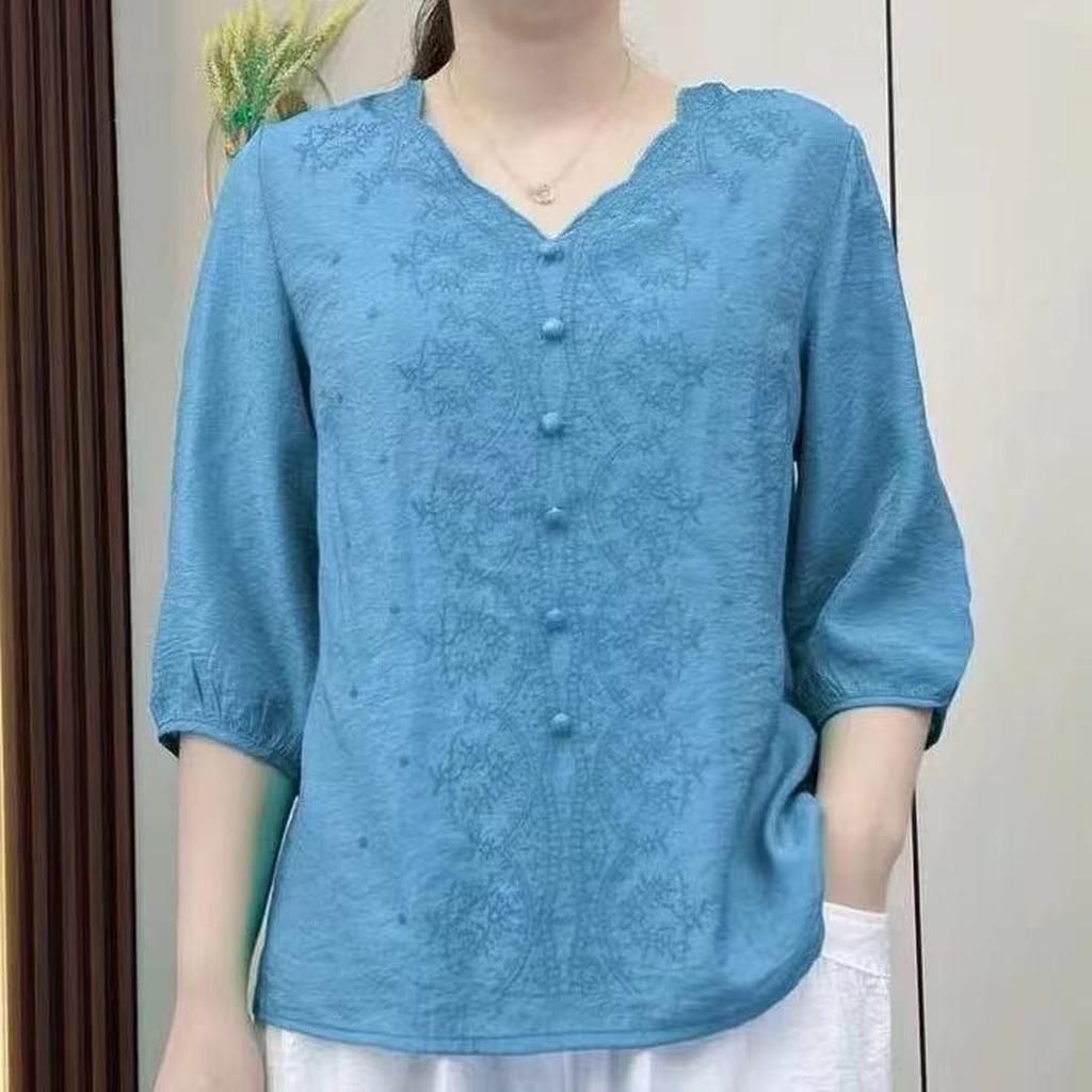 Women's Cotton And Linen V-neck Short-sleeved Fashionable Casual Loose Plus-size Top