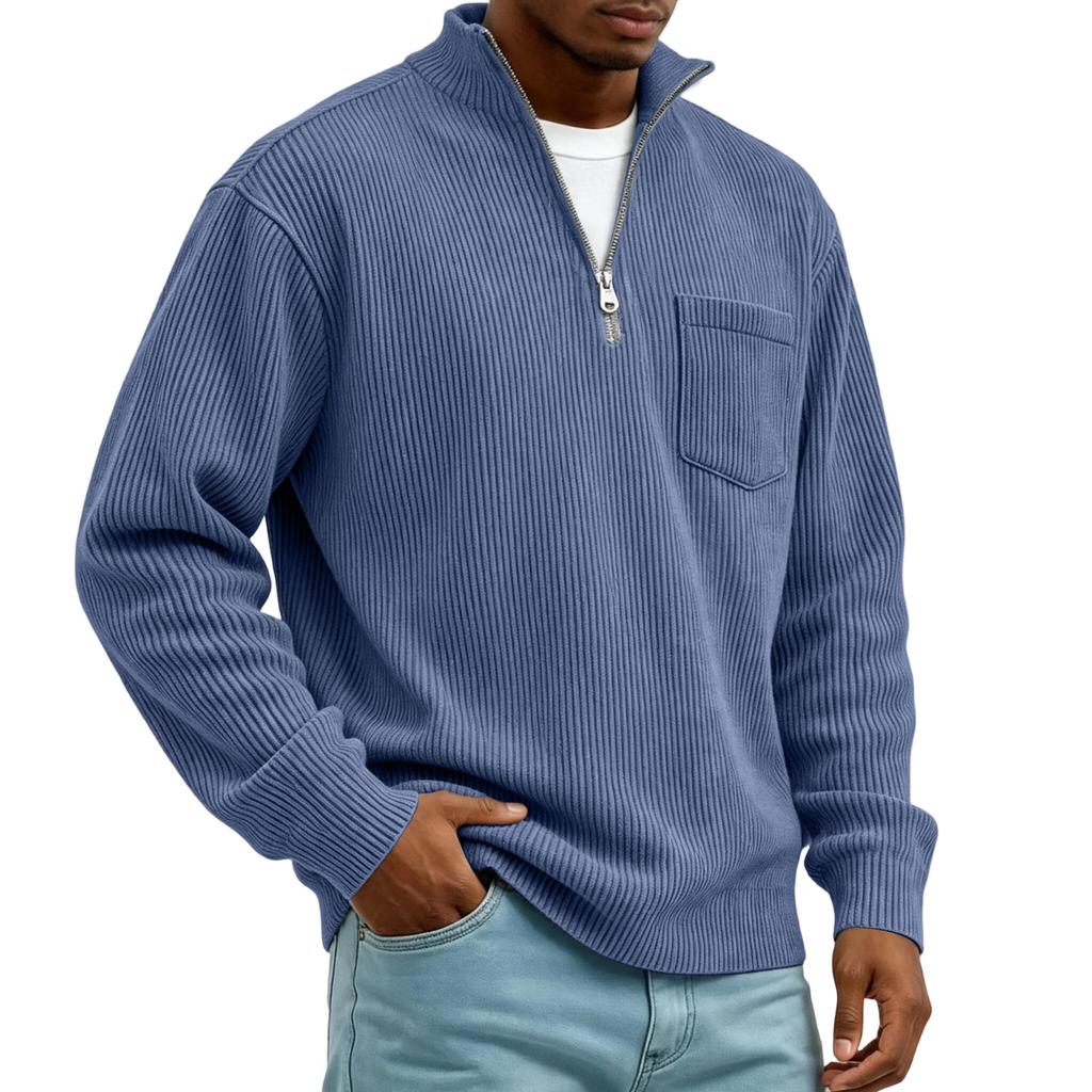 Men's Corduroy Long Sleeve Mock Neck Pullover with Front Pocket Casual Retro