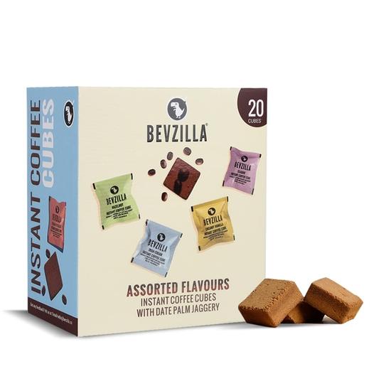 

Bevzilla 20 Assorted Instant Coffee Cubes Pack with Date Palm Jaggery, 4 Flavours, Arabica Coffee, Zero Refined Sugar, Real Ingredients