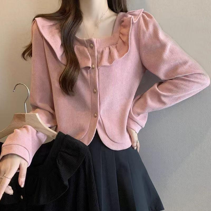 

Дизайн «Лист лотоса» с воротником-стойкой, длинный рукав, вязаный свитер, женский, вельветовый, осенне-зимний, новый, уникальный, для ношения под низ, топ 3XL розовый