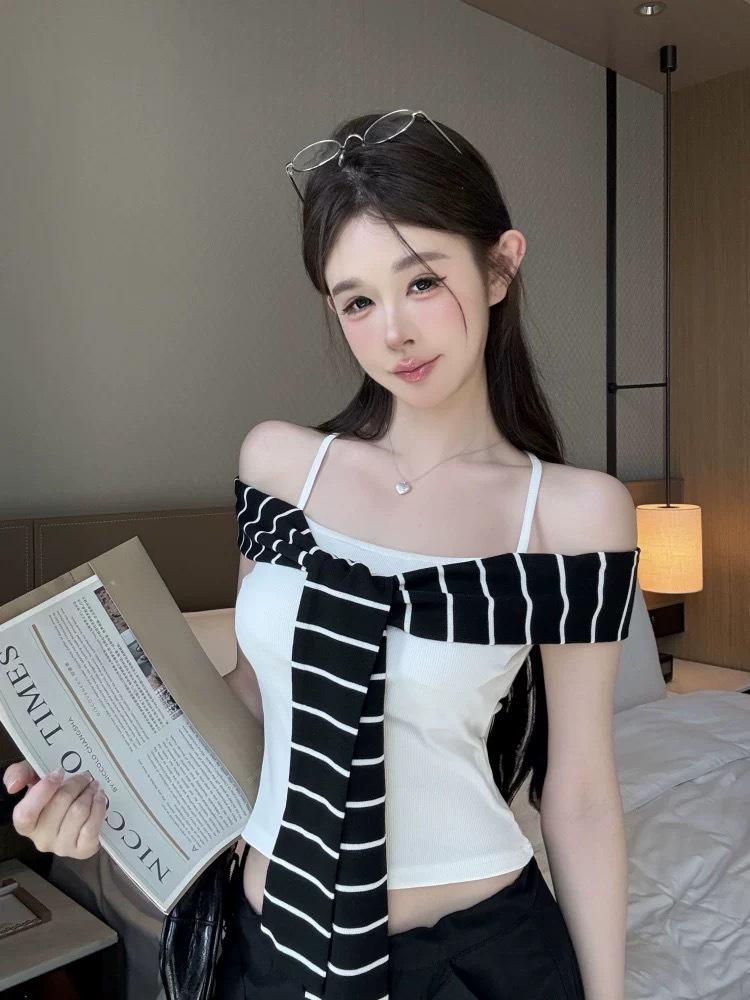 Tweedelige Gestreepte One-Shoulder Camisole voor Dames - Trendy Zomertop