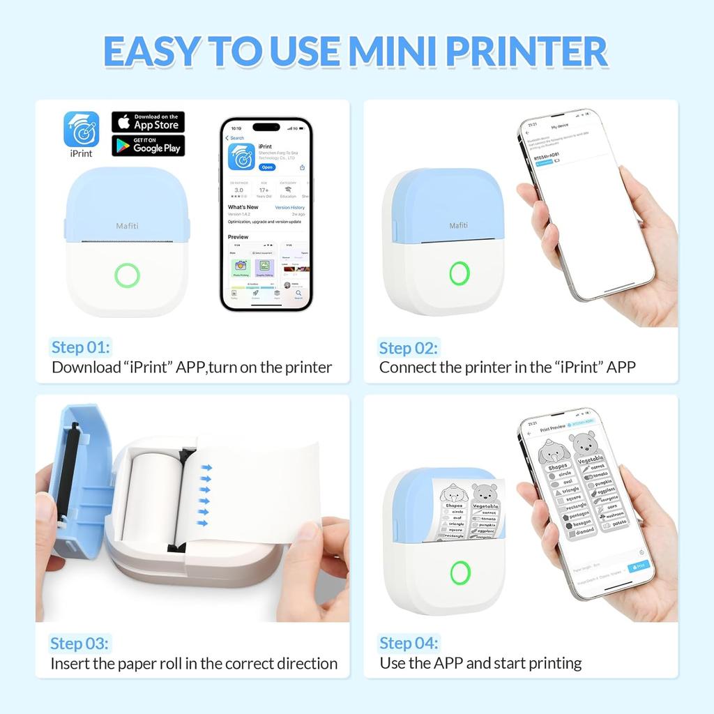 Mafiti Mini Sticker Printer Portable Thermal Inkless Wireless Bluetooth Phone Printer with AI Drawing,for Study Notes Pictures Photos Scrapbook