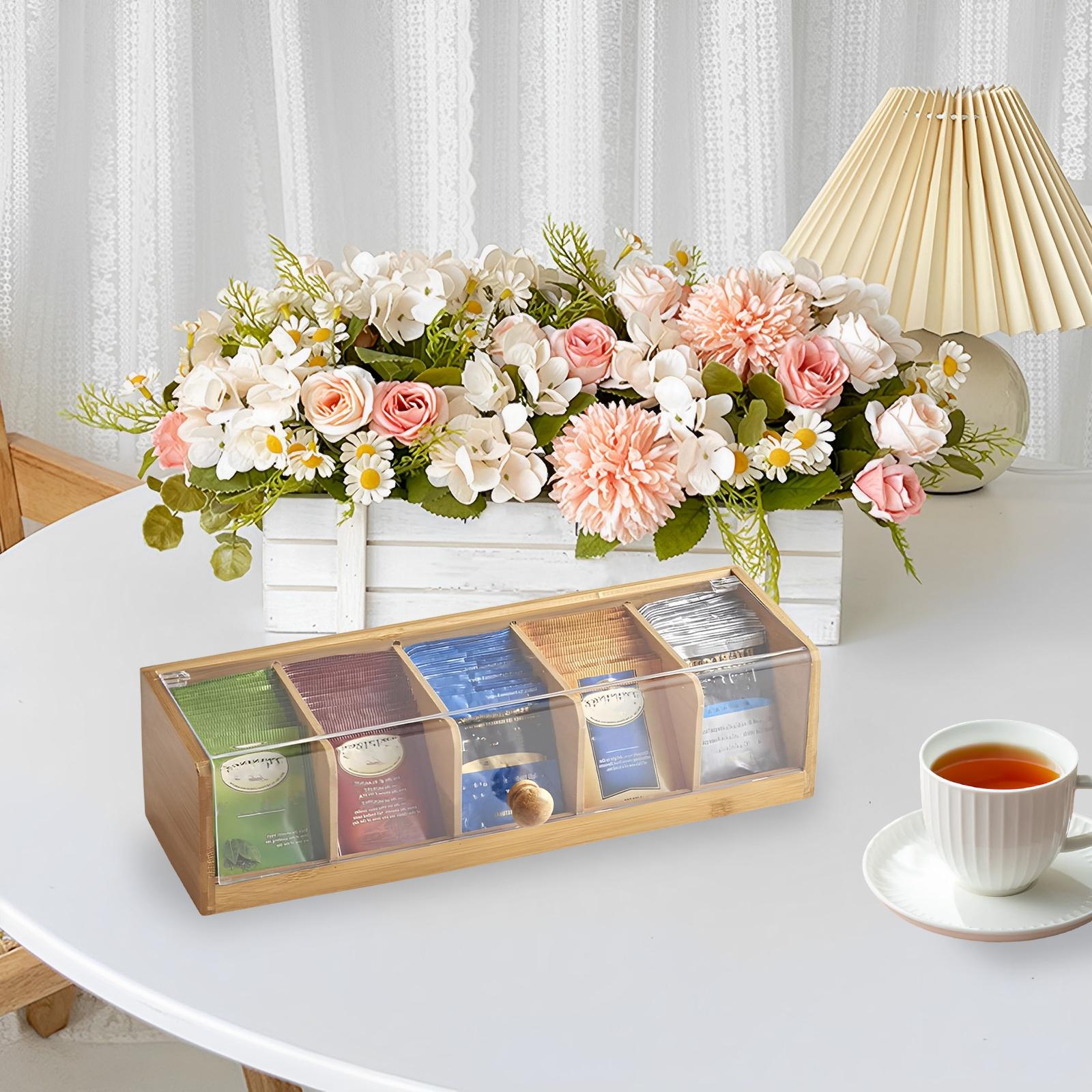 

Bamboo Tea Bag Organizer Clear Sorting Tea Storage Box with 5 Compartment Easy to Access Coffee Bag Holder Dust Proof for Home 14.17x4.33x3.74inch