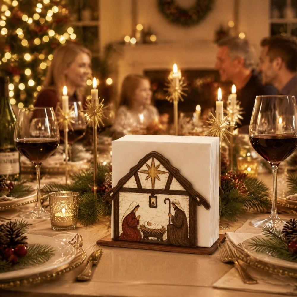 Wooden Christmas Napkin Holder Christmas Nativity Scene Pattern Tissue Organizer Bar
