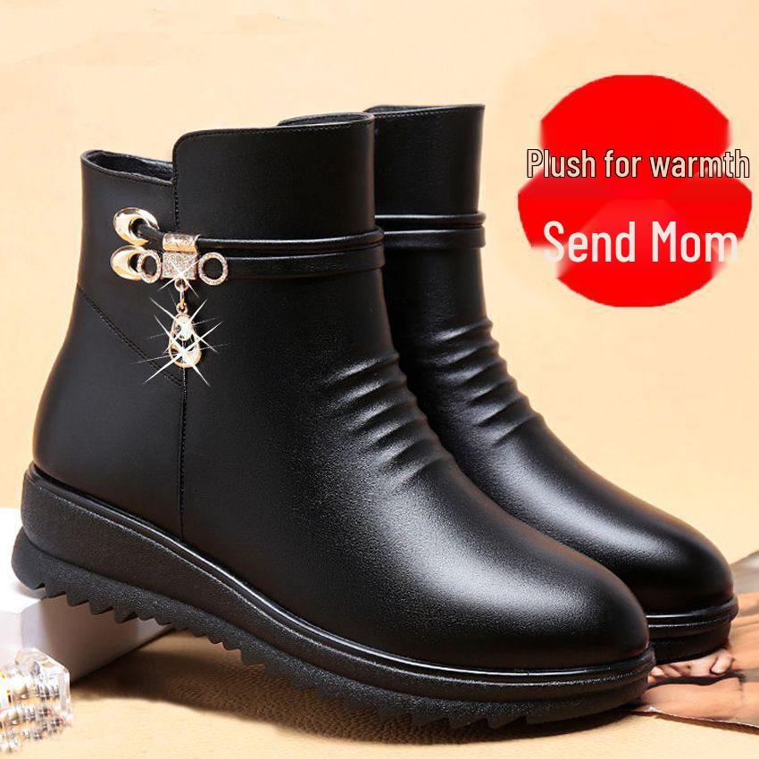 Hřejivé protiskluzové boty z měkké kůže: Zimní bavlněné boty pro ženy středního až staršího věku