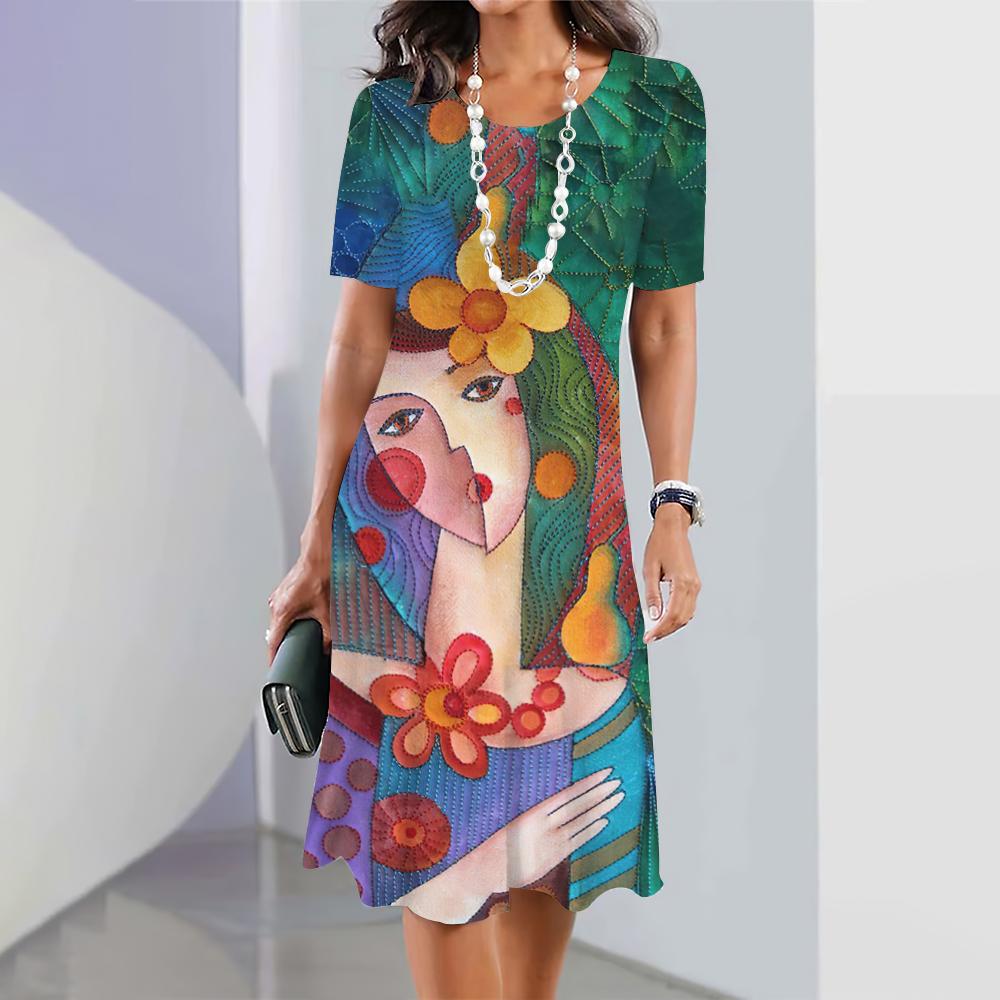 2024 New 3D Face Print Dresses For Women's Elegant Midi Dresses Summer Female Short Sleeve Dress Fashion Oversized Clothes