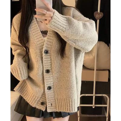 Mode Langarm Einfarbig Warm Gestrickter Cardigan Pullover Damen Herbst Winter V-Ausschnitt Locker Damen Strickjacken Jacke Oberteile Lässig Vintage Strickwaren 24818