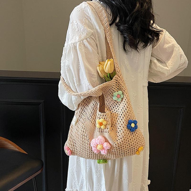 Crochet Mesh Beach Toted Bag,Bohemian Vacation Handbags Aesthetic Knit Shoulder Bag for Women Travel Bag KTB