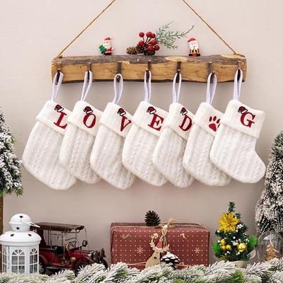 Embroidered White Christmas Stockings: Knitted Woolen Gift Bags for Kids