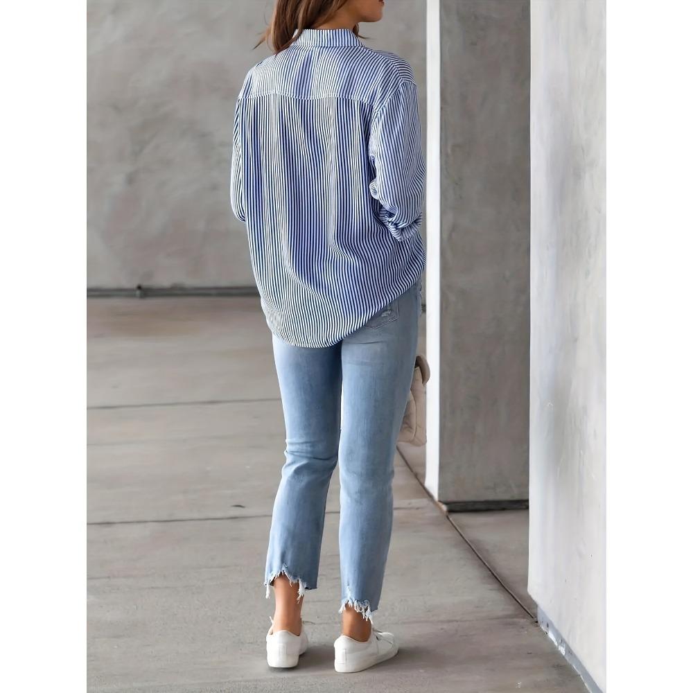 Szykowna koszula z długim rękawem w paski - Damska odzież codzienna z kieszenią i zapięciem na guziki - Idealna do noszenia na co dzień
