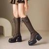 Knight Boots Women Autumn Winter Round Toe Side Zip Lace-Up Belt Buckle Skinny Platform Heels