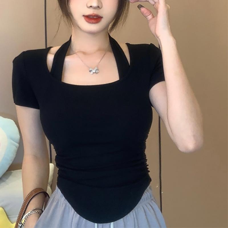 

Футболка с двумя поддельными нерегулярными вырезами и бретельками для женщин, летняя, короткая, облегающая, с короткими рукавами, розового цвета, новый однотонный топ 3XL