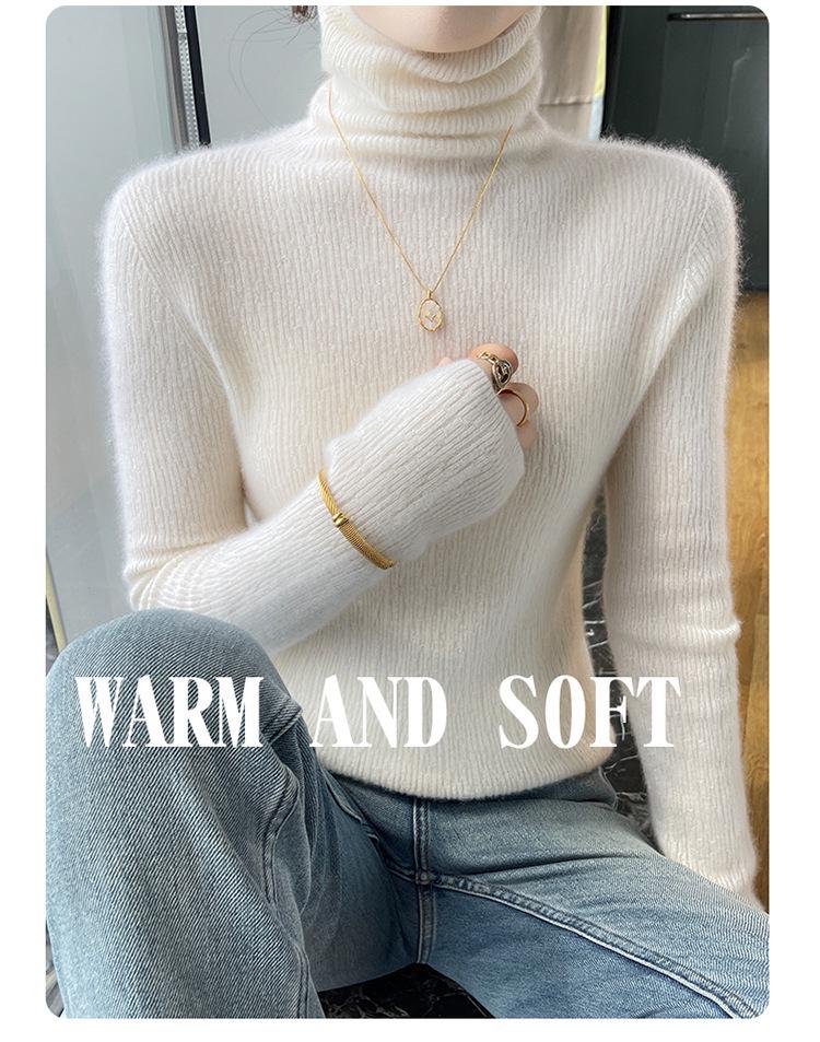 Women's Seamless High Neck Ribbed Knit Wool Sweater - Slim Fit, Textured Base Layer Pullover