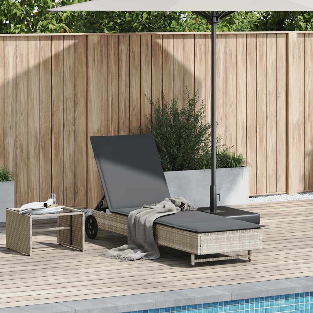 Sun Lounger with Wheels and Cushion Light Grey Poly Rattan