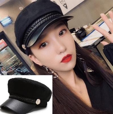 Fashion PU Leather Hat Autumn Winter Wool Sailor Hat for Women Men Black Flat Top Travel Beret Hat C