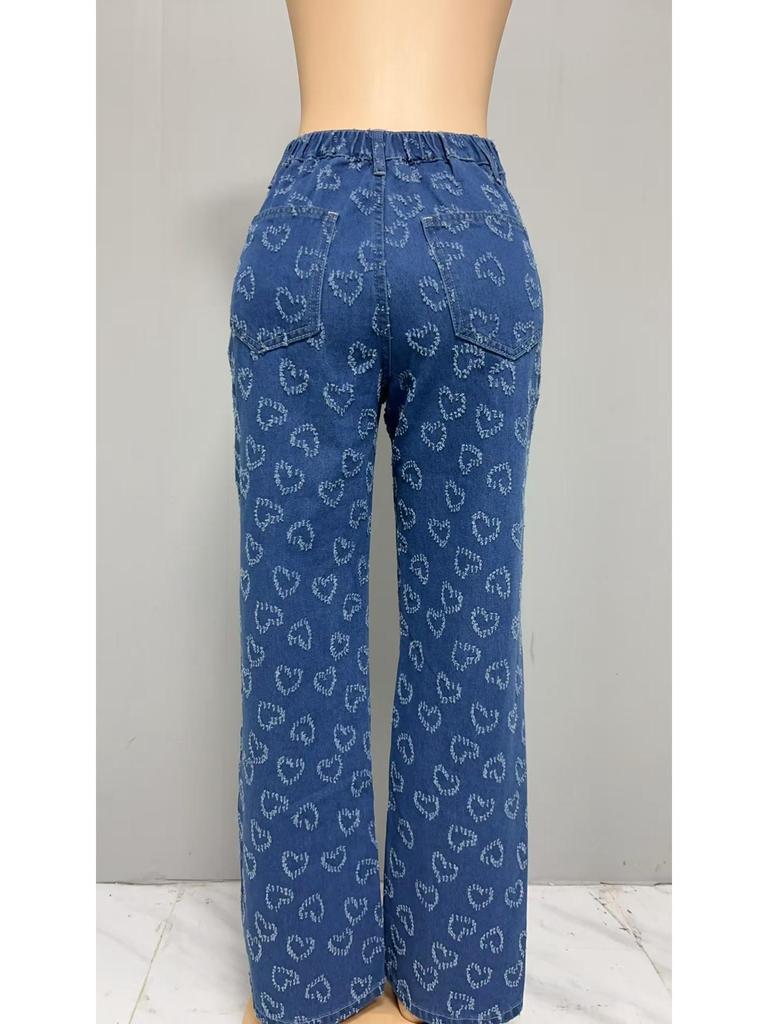 2025 Women's Heart Crochet Washed Straight-Leg Jeans - Autumn/Winter Casual Comfort