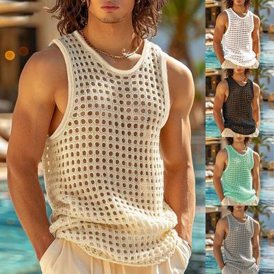 Moda masculina estilo americano, tops populares para férias, coletes vazados em tela, regatas casuais e sensuais sem mangas para o verão.