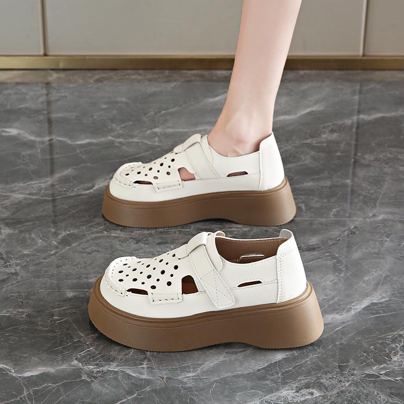 

Женские римские сандалии на толстой подошве на платформе повседневные летние туфли с закрытым носком для девушек, увеличивающие рост, большие размеры EU:34 слоновая кость