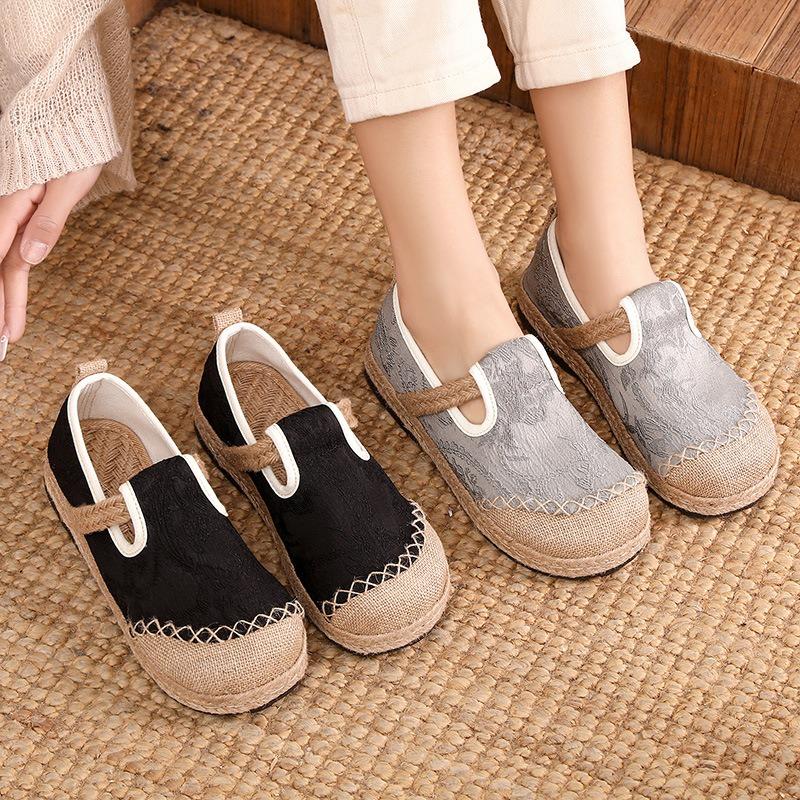 New fisherman shoes, original one-pedal Guochao cloth shoes, cotton and linen jacquard craft sewn thread single shoes