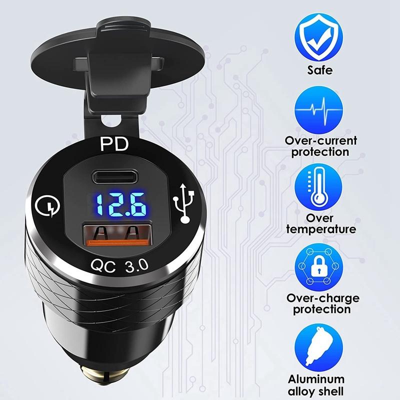 PD 3.0 Type C USB Fast Charger Din to USB and 18W QC 3.0 Power Outlet with Voltmeter for 12V-24V Ducati BMW MotorcycleJAS