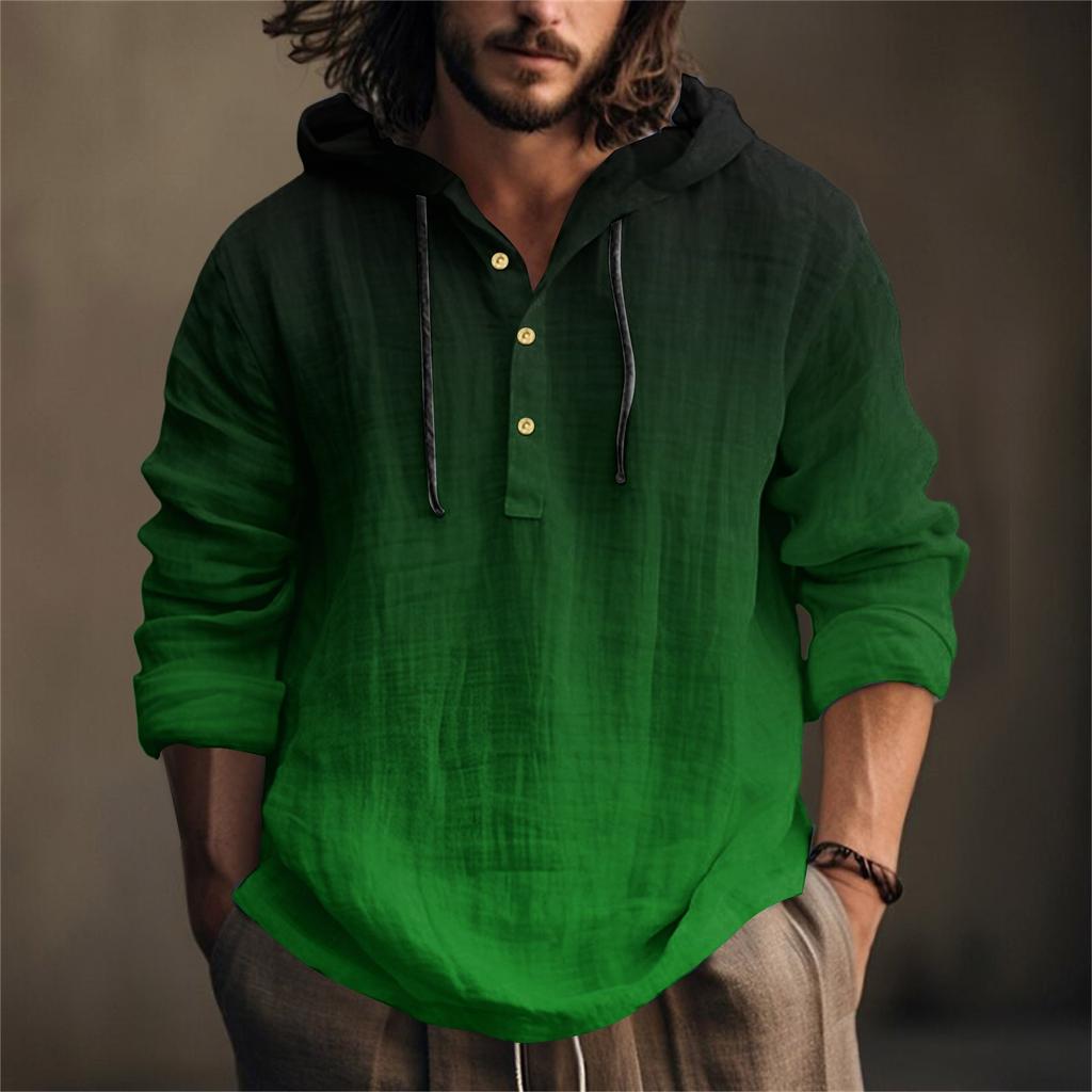 Camicia da Uomo Stampata in Cotone e Lino con Cappuccio a Maniche Lunghe con Cappuccio Primavera ed Estate Casual da Indossare Tutti i Giorni