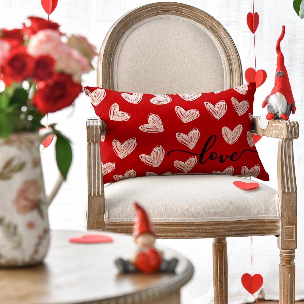 AVOIN colorlife Valentine's Day White Love Heart Throw Pillow Cover, 12 x 20 Inch Red Anniversary Wedding Cushion Case Decoration for Sofa Couch