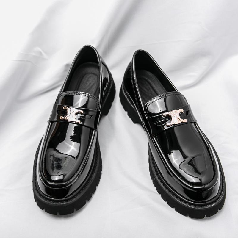 Leather shoes men's round head heightening shoes horse buckle men's loafers trendy casual shoes men's one-pedal small leather shoes