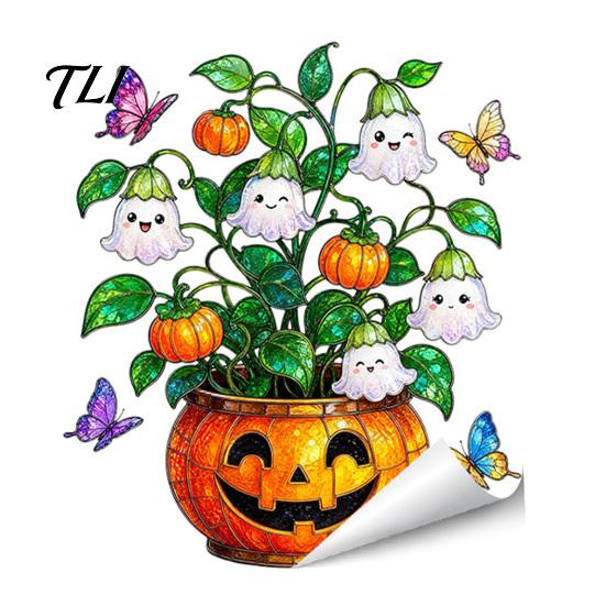 Easy Peel Stick Wall Decals Halloween Window Stickers, Cartoon Ghost Black Cat Pumpkin Static Glass Indoor Scene Setup Waterproof for Shop Home Party