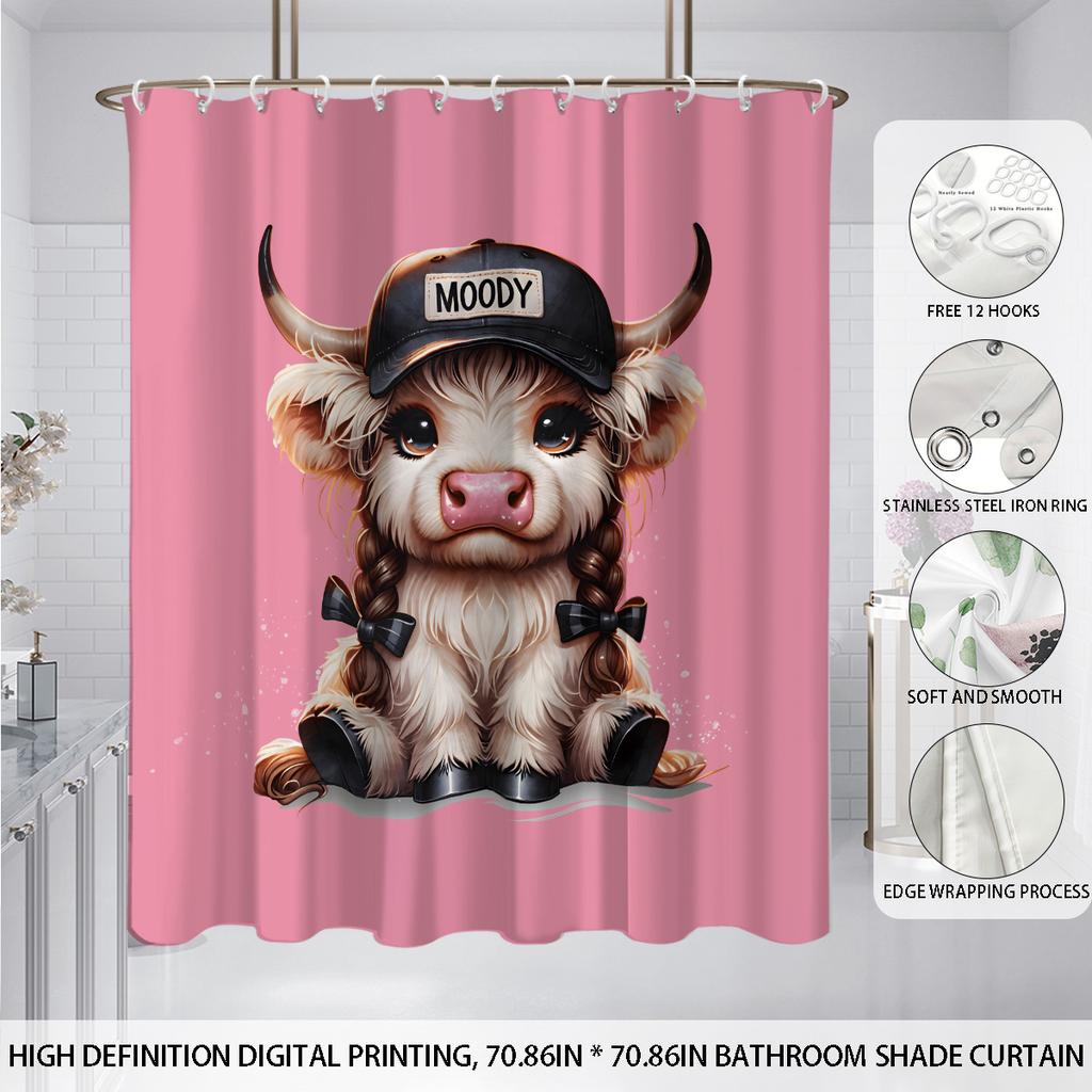 1pc Cartoon Highland Cow Print Waterproof Shower Privacy Hanging Curtain with 12 Hooks, Multiple Sizes Machine Washed