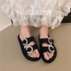 Fashion Crystal Metal Buckle Flip-Flops Women's Fashion Round Toe Open Toe Flannelette Slip Strap Soft Sole Non-Slip Plus Size Flats